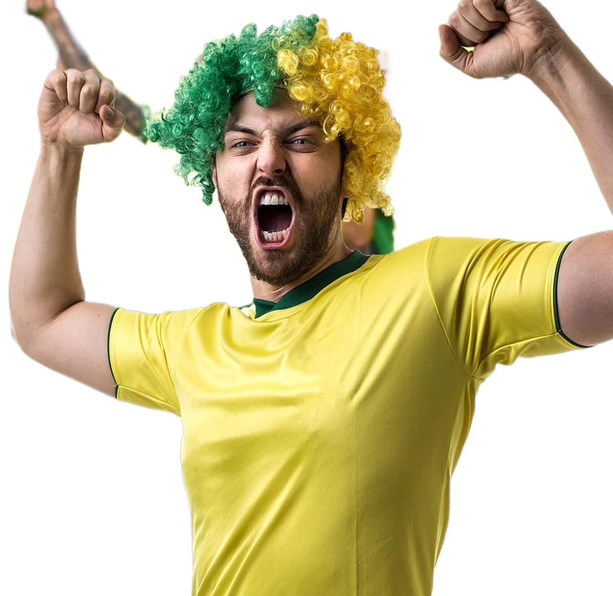 Picture of Football Supporter Curly Hair Wig, Hair Explosion Head Cover, Tiara Cheer Dress Up Props Rainbow Circus Curly Afro Clown Wig Halloween Fancy Dress World Cup Flag Color Wig Cover, Rainbow 