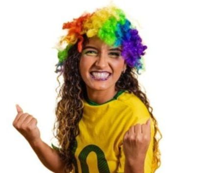 Picture of Football Supporter Curly Hair Wig, Hair Explosion Head Cover, Tiara Cheer Dress Up Props Rainbow Circus Curly Afro Clown Wig Halloween Fancy Dress World Cup Flag Color Wig Cover, Rainbow 