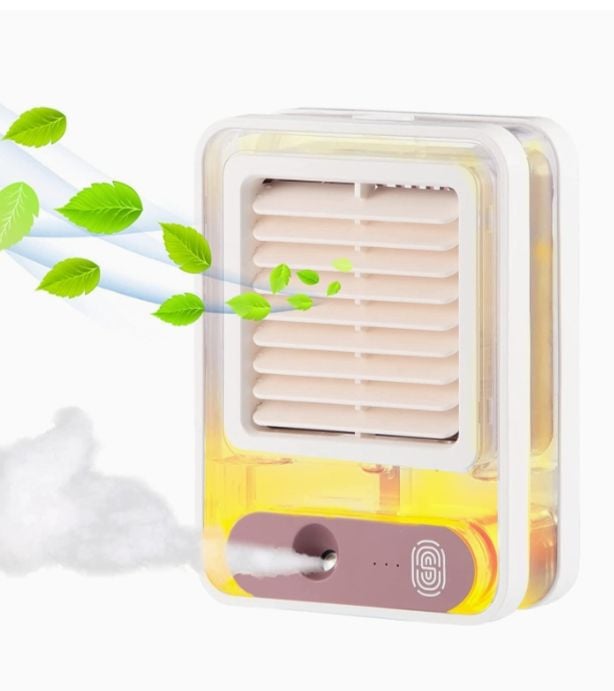 Picture of Cooler fan with Mist spray Charging Desk Fan Night Light,Electric rechargeable Water Misting Fan,Portable Quiet Mini Desktop Table Cooling Fan Multicolor 