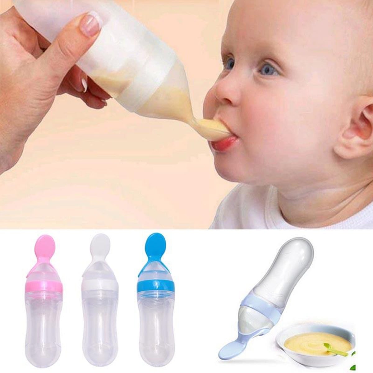 Picture of Silicone Baby Food Dispensing Spoon & Feeder, Travel Baby Training Bottle with Spoon Soft Head Baby Feeding Tools  1 PCS Travel Baby Training Bottle with Spoon Soft Head Baby Feeding Tools  