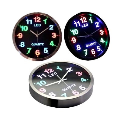 Picture of 3-Color LED stainless steel frame wall clock analog LED clock  Wall Clock 26 cm Diameter Illuminated with Colourful LED Dial Lighting and Quartz Movement (Smooth, Analogue, Quiet, No Ticking) Multicolor 