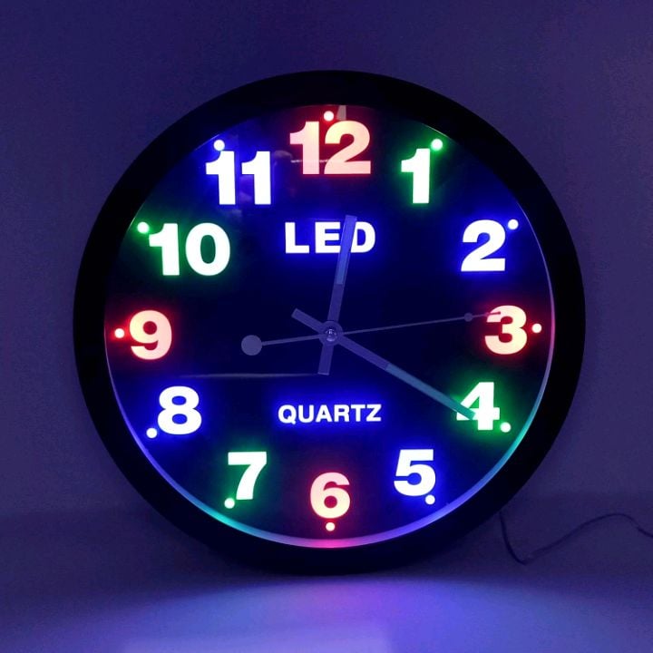 Picture of 3-Color LED stainless steel frame wall clock analog LED clock  Wall Clock 26 cm Diameter Illuminated with Colourful LED Dial Lighting and Quartz Movement (Smooth, Analogue, Quiet, No Ticking) Multicolor 