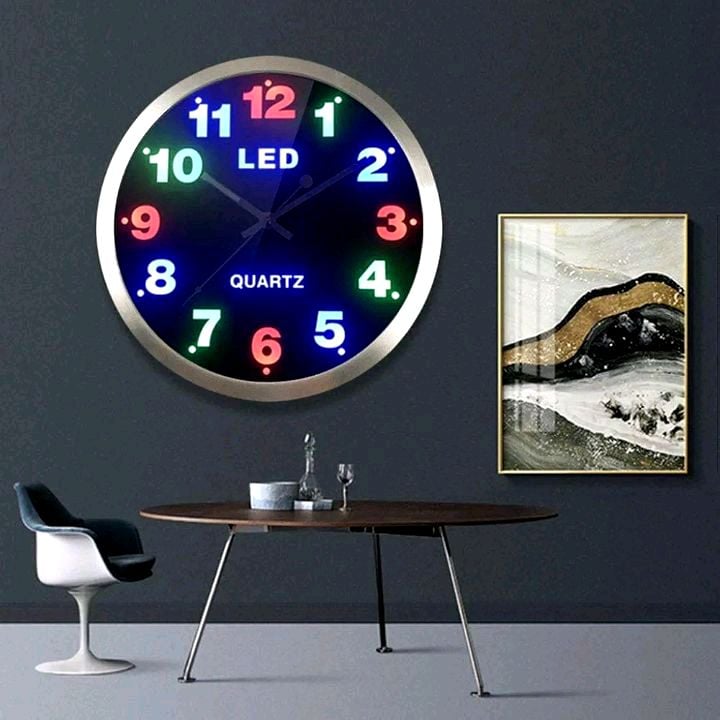Picture of 3-Color LED stainless steel frame wall clock analog LED clock  Wall Clock 26 cm Diameter Illuminated with Colourful LED Dial Lighting and Quartz Movement (Smooth, Analogue, Quiet, No Ticking) Multicolor 