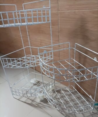 Picture of 2 PCS  set 2+3 Layer corner Metal Wall hanging storage self- High Quality Organizer for Inside Shower Bathroom & Kitchen Suction Storage Wall Rack White 