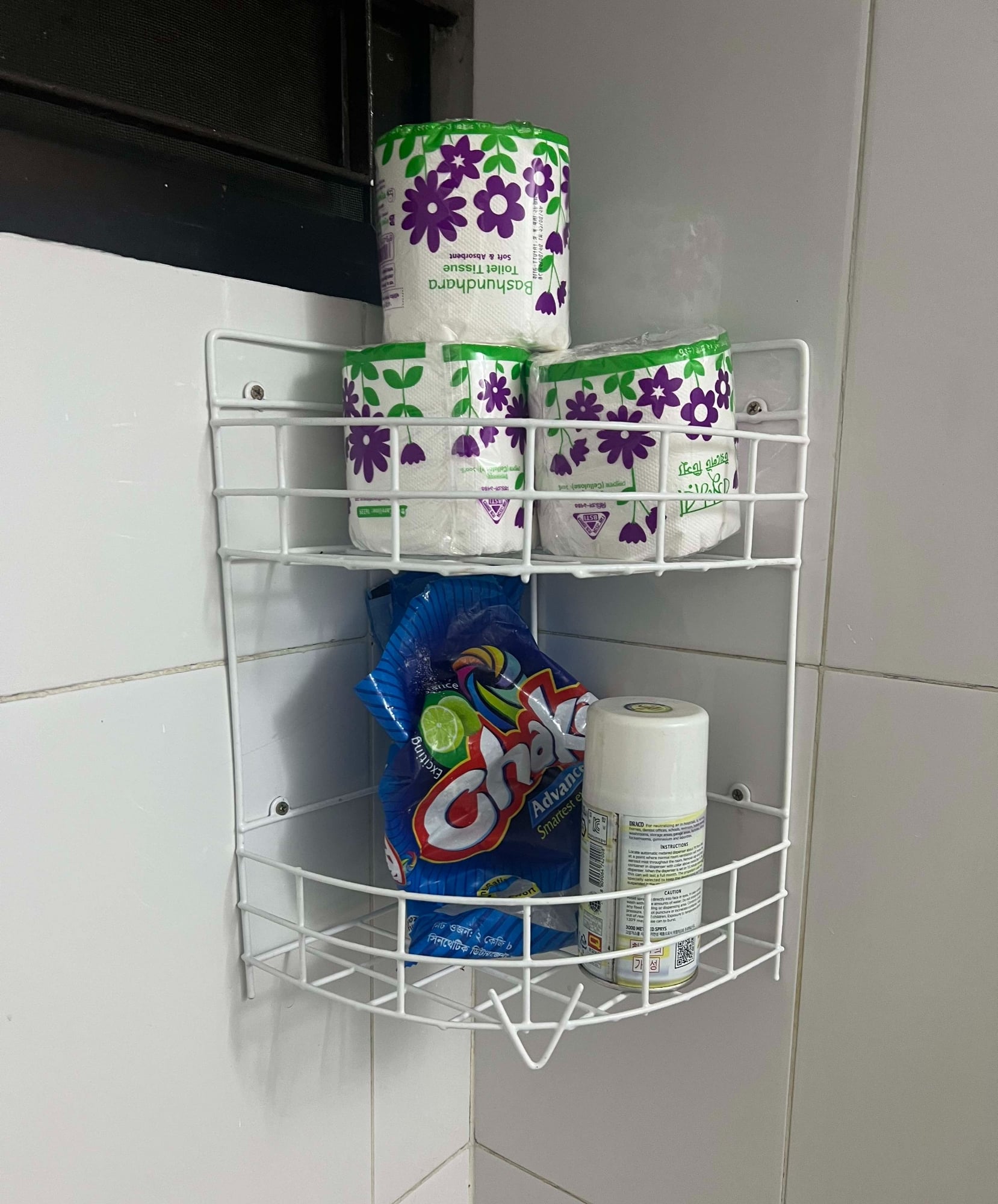 Picture of 2 PCS  set 2+3 Layer corner Metal Wall hanging storage self- High Quality Organizer for Inside Shower Bathroom & Kitchen Suction Storage Wall Rack White 