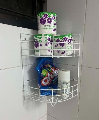 Picture of 2 PCS  set 2+3 Layer corner Metal Wall hanging storage self- High Quality Organizer for Inside Shower Bathroom & Kitchen Suction Storage Wall Rack White 