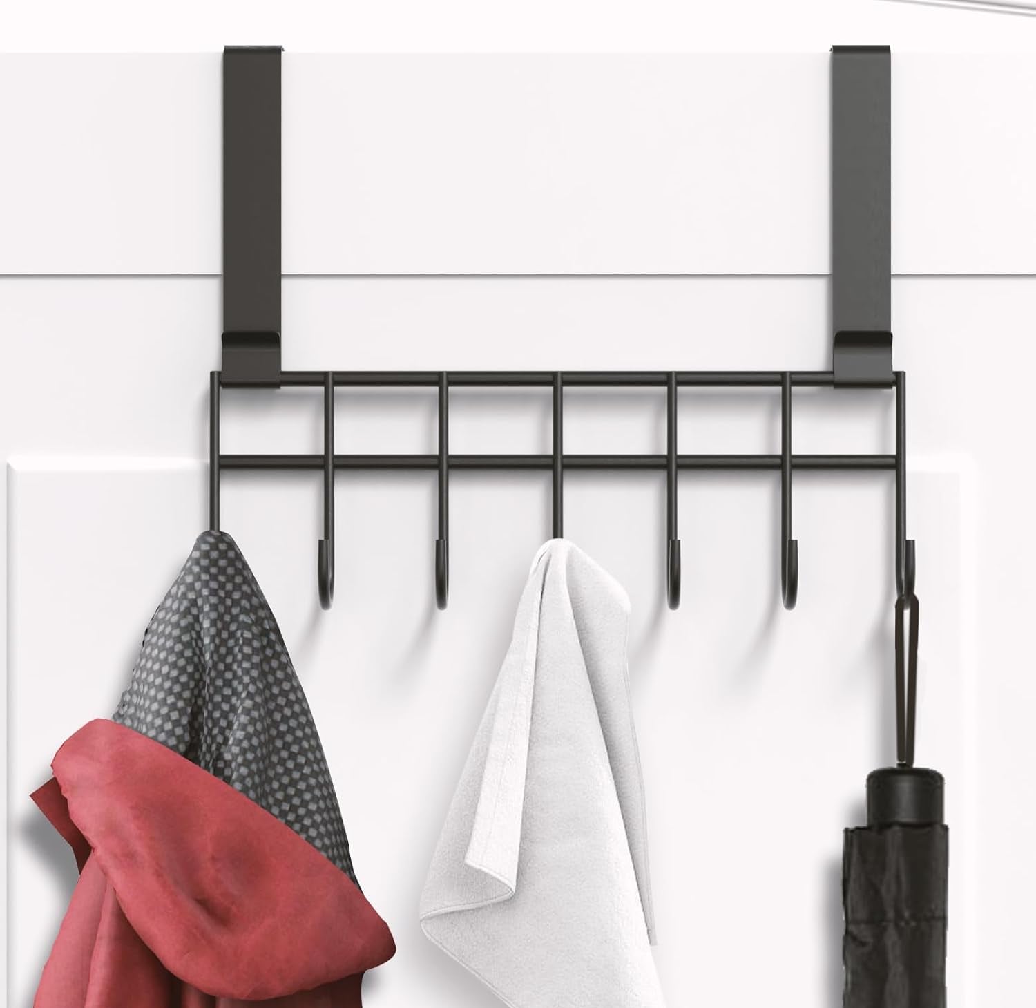 Picture of Over The Door Hook Hanger, Hanging Organizer Rack Steel Door Hook Hanger Wall Hook Rack (7 Hooks) Black 