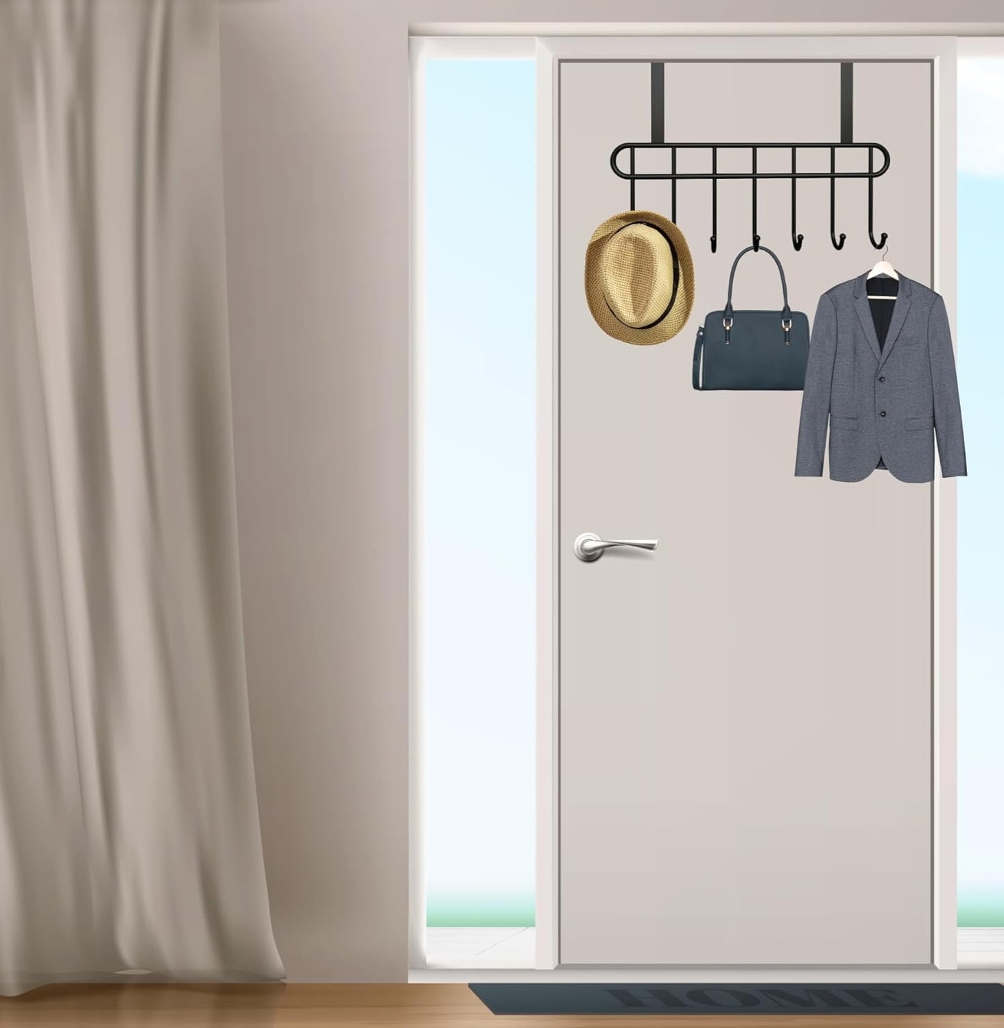 Picture of Over The Door Hook Hanger, Hanging Organizer Rack Steel Door Hook Hanger Wall Hook Rack (7 Hooks) Black 