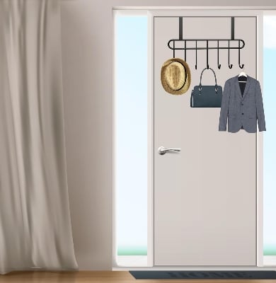 Picture of Over The Door Hook Hanger, Hanging Organizer Rack Steel Door Hook Hanger Wall Hook Rack (7 Hooks) Black 