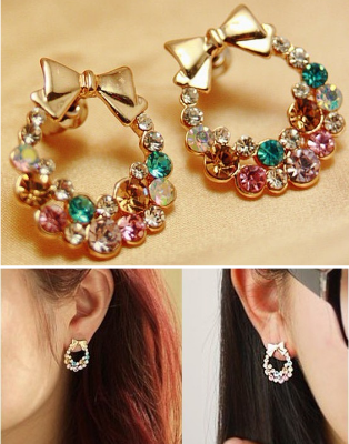 Picture of Jewelry Ladies Earrings Exquisite Super Flashing Geometric Color Colorful Rhinestone Bows-Multicolor