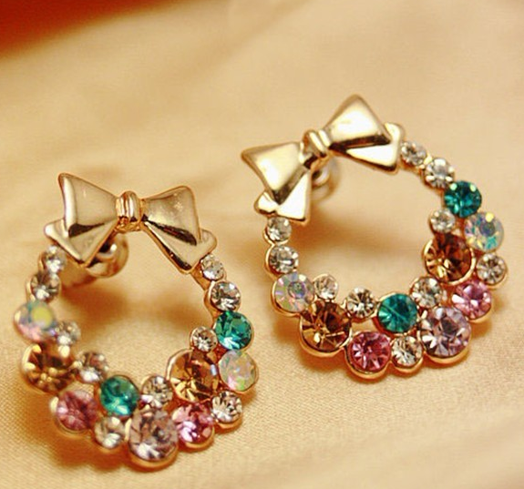Picture of Jewelry Ladies Earrings Exquisite Super Flashing Geometric Color Colorful Rhinestone Bows-Multicolor