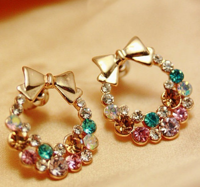 Picture of Jewelry Ladies Earrings Exquisite Super Flashing Geometric Color Colorful Rhinestone Bows-Multicolor