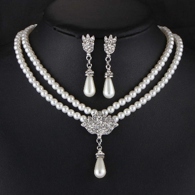 Picture of Elegant Simulated-pearl Bridal Jewelry Sets Rhinestone Pearl Drop NECKLACE+EARRINGS Wedding Jewelry Sets for Women Gifts-Silver-45 CM