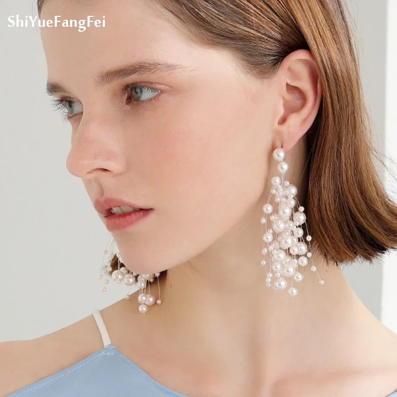 Picture of Luxury Simulated Pearl Long Silver Color Earrings For Women