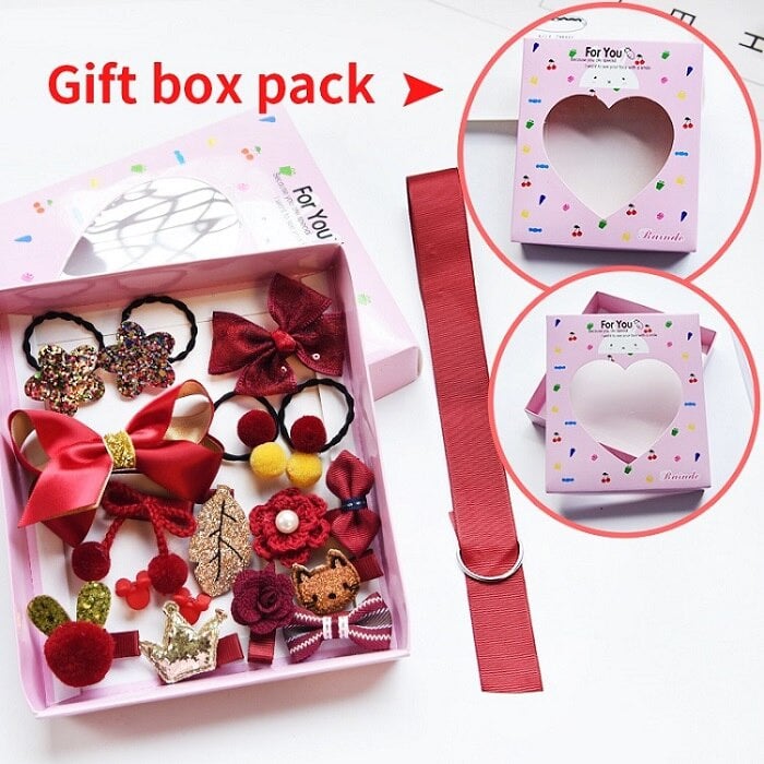 Picture of 18 Pcs/Box Children Hair Clip Accessories Set Cartoon Cute Fabric Bow Flower Baby Hair Headdress Elastic Ring Girl Hairpins Gift-Int: One size