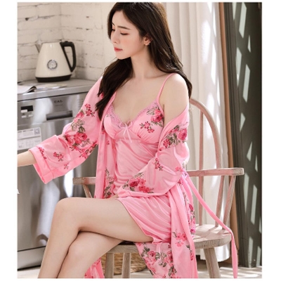 Picture of Women Night Dress pajamas ladies Night wear ice silk nightgown two-piece hotel bathrobe home service-Gold