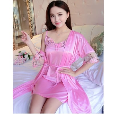 Picture of Women Night Dress Gift Your Wife Honeymoon 2 Pcs Short-Sleeved Sexy Lace Strap Night Skirt Silk Silk Home Service Suit Pajama-Dark blue