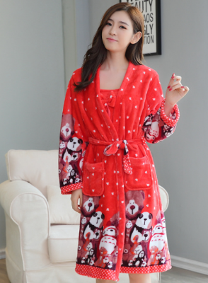 Picture of Soft And Comfortable Winter Warm Coral Fleece Bathrobe Women Flannel Kimono Bath Robe Bridesmaid Dressing Gown For Sleeping Night Wear-Red