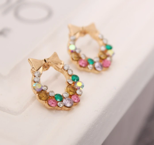 Picture of Jewelry Ladies Earrings Exquisite Super Flashing Geometric Color Colorful Rhinestone Bows-Multicolor