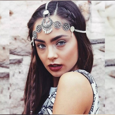 Picture of Stylish Headband Vintage Ethnic Style Metal Engraving Tassel Hair Band Girls Hair Accessories-silver-One size