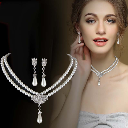 Picture of Elegant Simulated-pearl Bridal Jewelry Sets Rhinestone Pearl Drop NECKLACE+EARRINGS Wedding Jewelry Sets for Women Gifts-Silver-45 CM