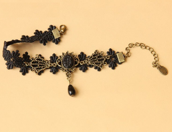 Picture of 1 Pc Vintage Black Flower Lace Anklet Ankle Bracelet Barefoot Sandal Jewelry Women Nupur-Black