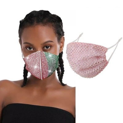 Picture of Girls Rhinestone Maskk Women Diamond Crystal Decoration Jewelry Facemaskk Fashion Sexy Glitter Mesh Net Party Show Mouth Maskk-Pink