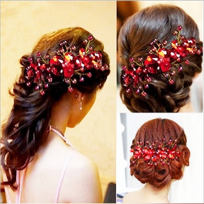 Picture of 1 Pc Wedding Hair Clip Women Red Plum Flower Hair Accessories Clip - Hair Band - Hair Band - Hair Clip - Hair Clip