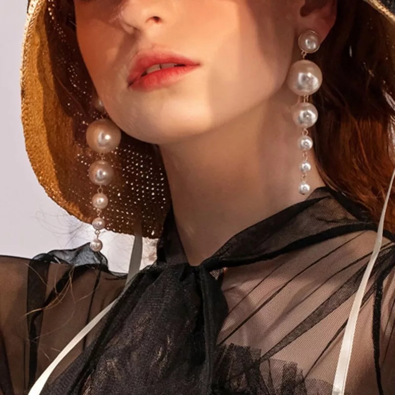 Picture of Trend Simulation Pearl Long Earrings Female White Round Pearl Wedding Pendant Earrings Fashion Korean Jewelry Earrings