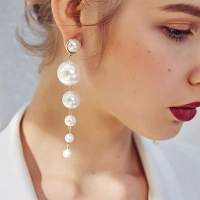 Picture of 1 Pair Trend Simulation Pearl Long Earrings Female White Round Pearl Wedding Pendant Earrings Fashion Korean Jewelry Earrings