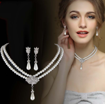 Picture of Women Necklace Love 3 piece set pearl necklace female earrings bracelet set bridal jewelry elegant van short clavicle neck chain-Multicolor-Adjustable