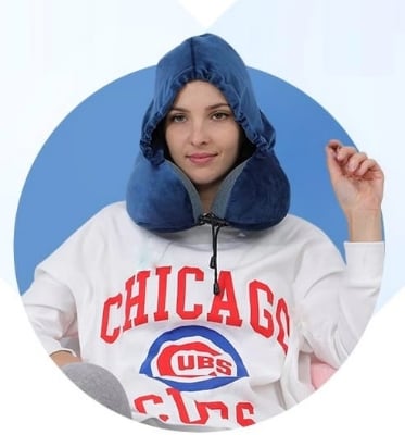 Picture of Luxury Travel Comfort Hooded U-Shaped Microbead Pillow for Neck Support Pillow-Blue