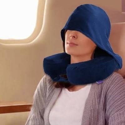 Picture of Luxury Travel Comfort Hooded U-Shaped Microbead Pillow for Neck Support Pillow-Blue