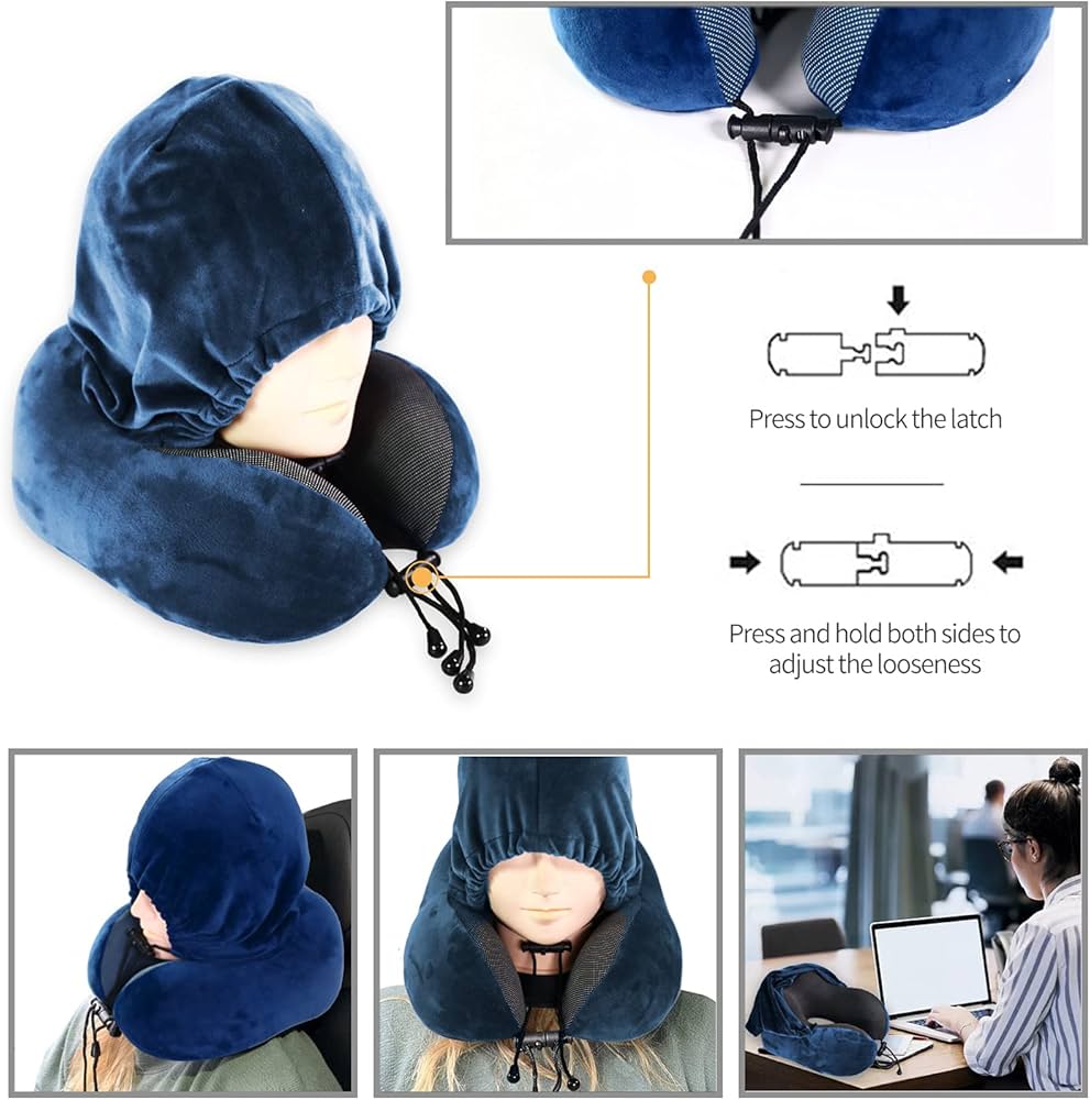 Picture of Luxury Travel Comfort Hooded U-Shaped Microbead Pillow for Neck Support Pillow-Blue