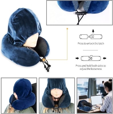 Picture of Luxury Travel Comfort Hooded U-Shaped Microbead Pillow for Neck Support Pillow-Blue