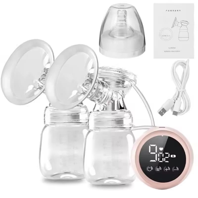 Picture of 2 PCs Rechargeable Hands-Free Breast Pump – Double Electric Pump with 180ml Milk Bottle & Ultra-Quiet Motor-Pink