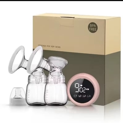 Picture of 2 PCs Rechargeable Hands-Free Breast Pump – Double Electric Pump with 180ml Milk Bottle & Ultra-Quiet Motor-Pink