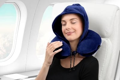 Picture of Luxury Travel Comfort Hooded U-Shaped Microbead Pillow for Neck Support Pillow-Blue