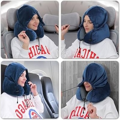 Picture of Luxury Travel Comfort Hooded U-Shaped Microbead Pillow for Neck Support Pillow-Blue