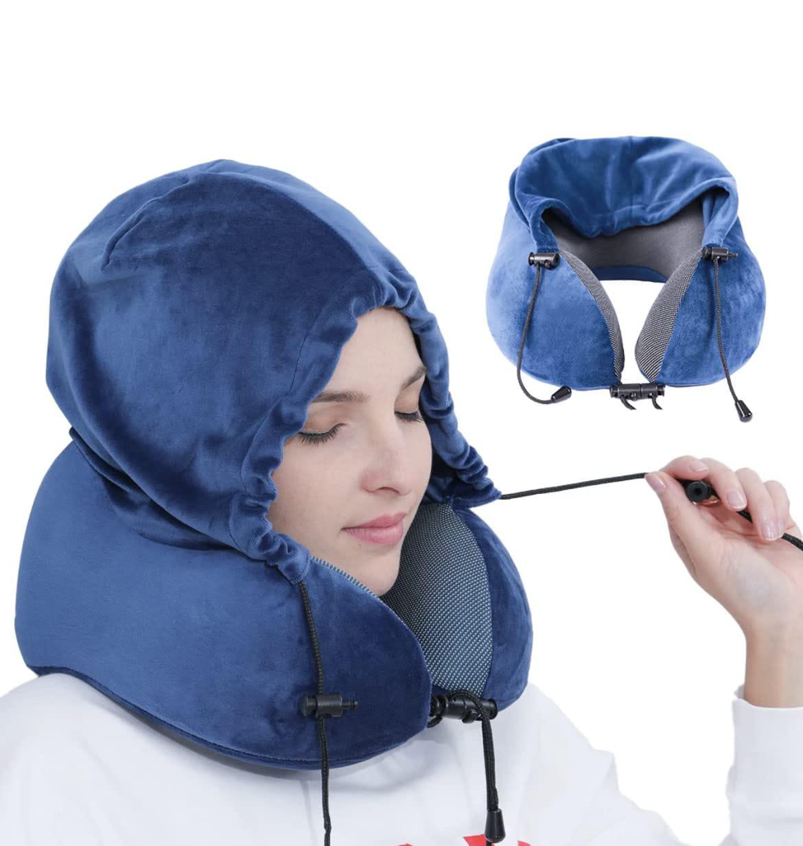Picture of Luxury Travel Comfort Hooded U-Shaped Microbead Pillow for Neck Support Pillow-Blue