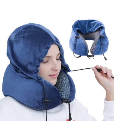 Picture of Luxury Travel Comfort Hooded U-Shaped Microbead Pillow for Neck Support Pillow-Blue