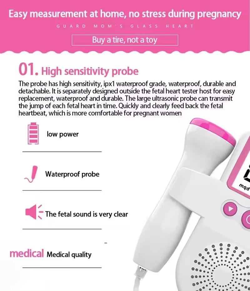 Picture of Ultrasonic Fetal Doppler, Portable Heartbeat Detector For Pregnant Women Heart Detector LCD Display with Gel-Pink