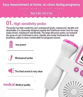 Picture of Ultrasonic Fetal Doppler, Portable Heartbeat Detector For Pregnant Women Heart Detector LCD Display with Gel-Pink