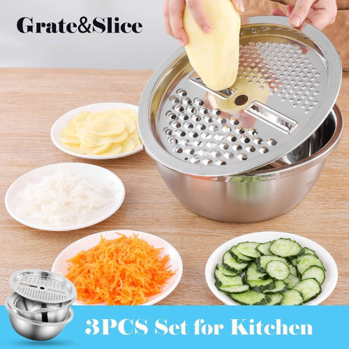 Picture of 4 in 1 Multipurpose Stainless Steel Grating Basin Thick Stainless Steel Drain Basin Kitchen/Vegetable Cutter-Fruit & Vegetable Tools-nr mart - Multicolor