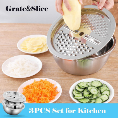 Picture of 4 in 1 Multipurpose Stainless Steel Grating Basin Thick Stainless Steel Drain Basin Kitchen/Vegetable Cutter-Fruit & Vegetable Tools-nr mart - Multicolor