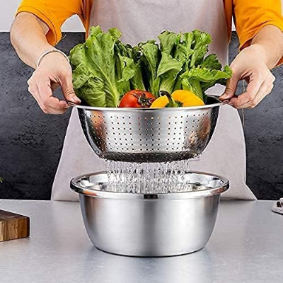 Picture of 4 in 1 Multipurpose Stainless Steel Grating Basin Thick Stainless Steel Drain Basin Kitchen/Vegetable Cutter-Fruit & Vegetable Tools-nr mart - Multicolor