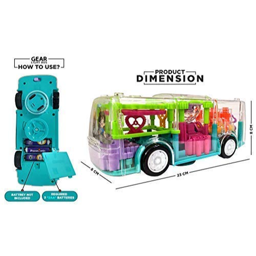 Picture of Mechanical Gears Simulation, Transparent Body, 3D Lights, Variety of Music, Horn and Engine Start Sound, + Multiple Gear Light Bus Toy with 360-Degree Rotation for 3 Years (Assorted Colors, Pack of: 1)-Vehicle Playsets-Nr mart - Multicolor