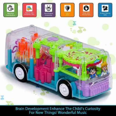 Picture of Mechanical Gears Simulation, Transparent Body, 3D Lights, Variety of Music, Horn and Engine Start Sound, + Multiple Gear Light Bus Toy with 360-Degree Rotation for 3 Years (Assorted Colors, Pack of: 1)-Vehicle Playsets-Nr mart - Multicolor