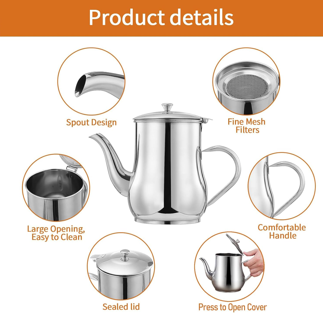 Picture of Oil pot oil keeping jar oil jar oil bottle stainless Steel Oil Tank Large Capacity Oil Bottle Kitchen Oil Filter Pot Soy Sauce Vinegar Container Coffee Pot - NR Mart-2024 - Multicolor