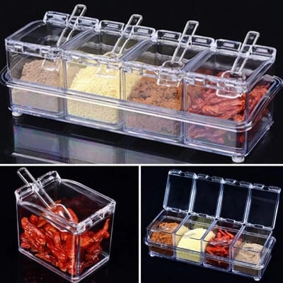 Picture of 4 Spice Crystal Seasoning Box for Kitchen 4pcs Spice Rack Transparent Crystal Seasoning Box With Spoons - NR Mart-2024 - Multicolor